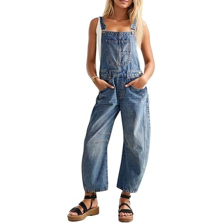 PLNOTME Womens Denim Bib Overalls Barrel Leg Adjustable Strap Jean Jumpsuit | Amazon (US)