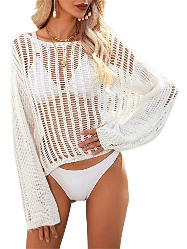 KEOMUD Women Crochet Knit See Through Tops Cover Up Fashion Long Sleeve Crew Neck Short Top White X-Large | Amazon (US)