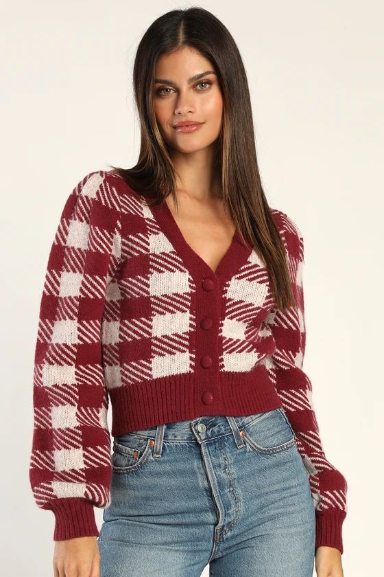 Cutest in Class Burgundy Checkered Button-Up Cardigan Sweater | Lulus (US)