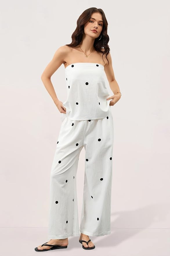 Women 2 Piece Outfits Polka Dot Summer Pants Set Strapless Tube Top High Elastic Waist Wide Leg P... | Amazon (US)