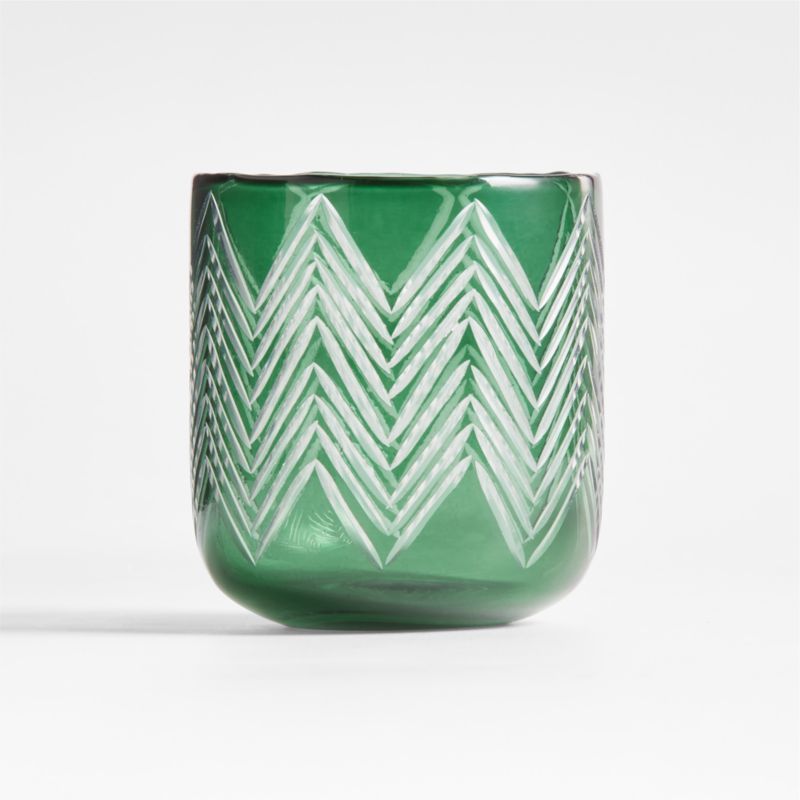 Etched Green Holiday Glass Hurricane Candle Holder 4" + Reviews | Crate & Barrel | Crate & Barrel