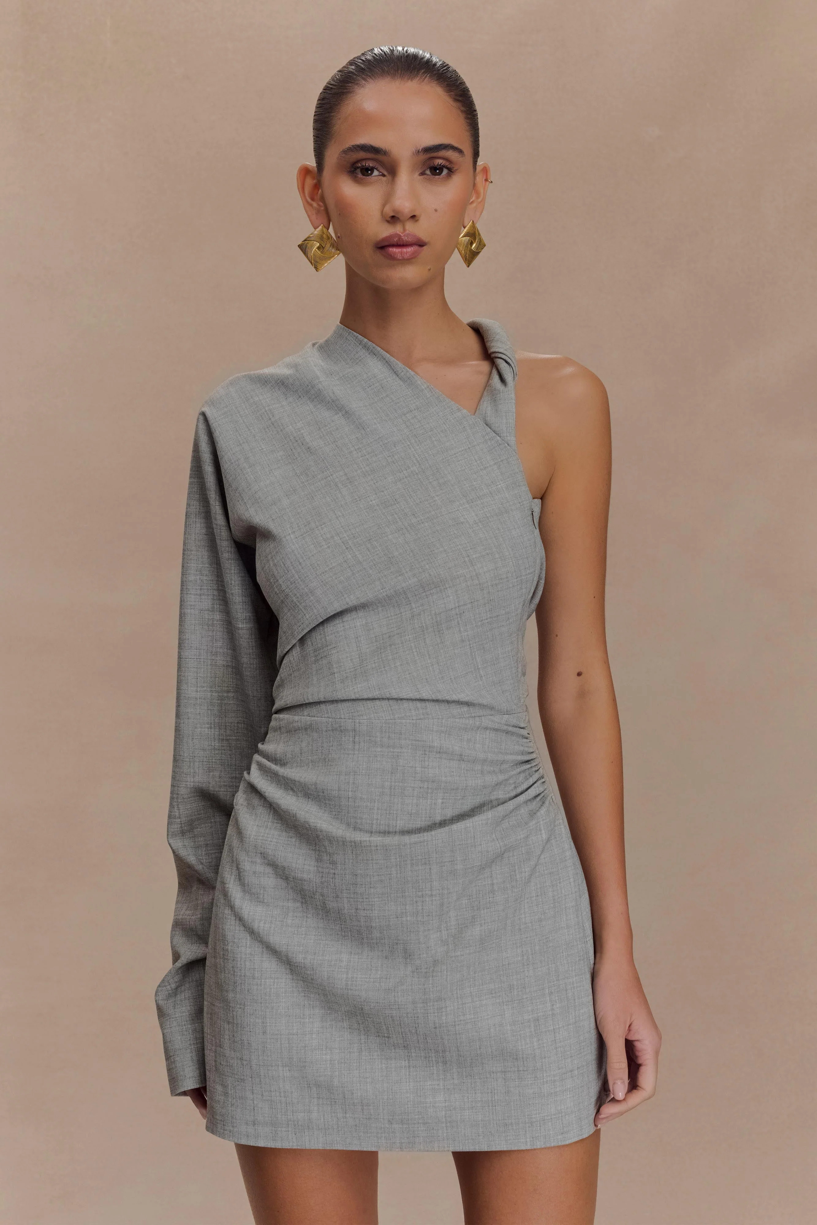 Dorian Twist Shoulder Mini Dress - Charcoal Marle | MESHKI US