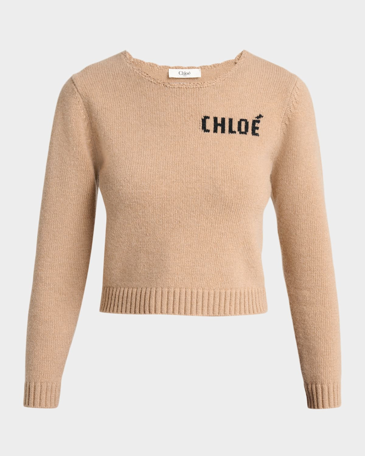Logo Wool-Cashmere Crewneck Crop Sweater | Neiman Marcus