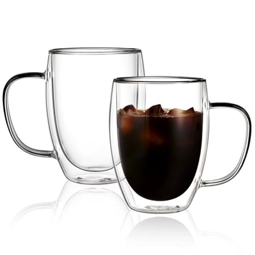 CNGLASS 12oz Double Walled Glass Coffee Mugs,Insulated Glass Mugs with Handle,Clear Espresso Cups for Latte,Cappuccino,Tea Bag,Set of 2 | Amazon (US)