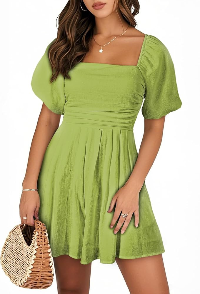 AlvaQ Womens Summer Cute Puff Sleeve Elastic Square Neck Mini Short Romper with Pockets | Amazon (US)