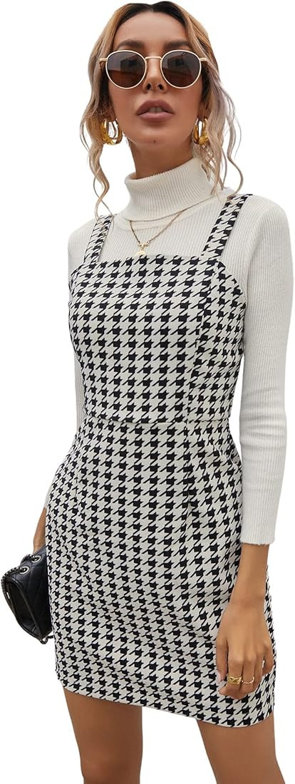 WDIRARA Women's Houndstooth Print Straps Dress Sleeveless High Waist Dresses | Amazon (US)