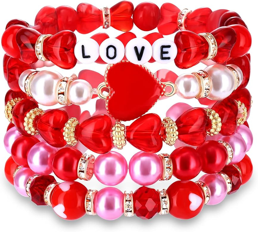 HEIDKRUEGER 3/5 Pieces Valentine's Day Beaded Bracelets for Women Red Heart Pendant Bracelet Glas... | Amazon (US)