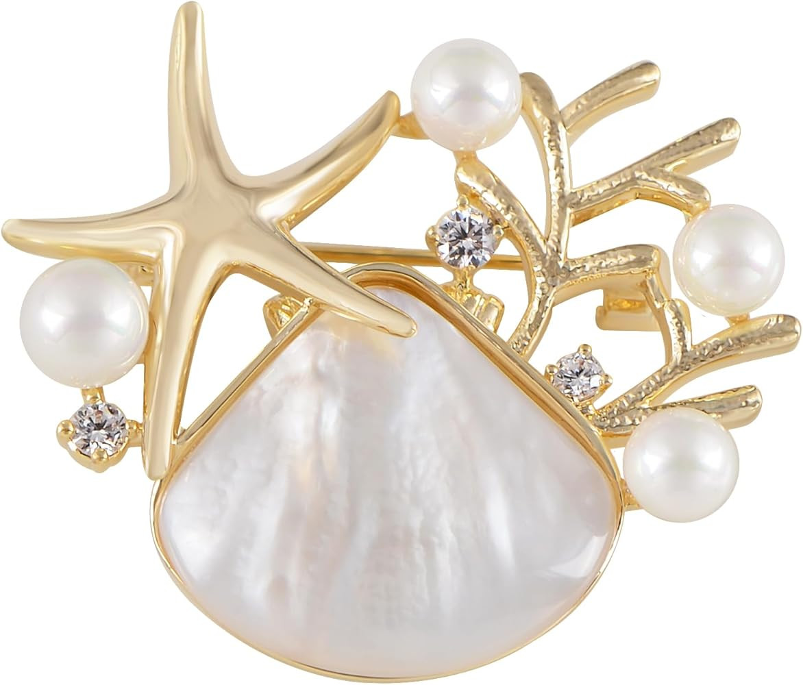 Alilang Elegant Zircon Gold Starfish Shell Pearl Brooch Pins For Ladies Inlay Sea Animal Jewelry ... | Amazon (US)
