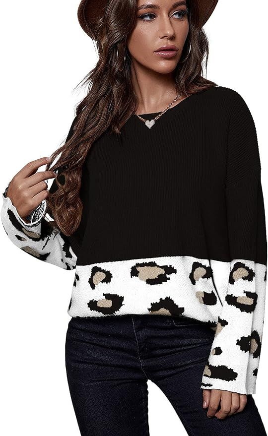 EUOVMY Women’s Casual Long Sleeve Knitted Leopard Print Color Block Loose Pullover Tops Sweater | Amazon (US)