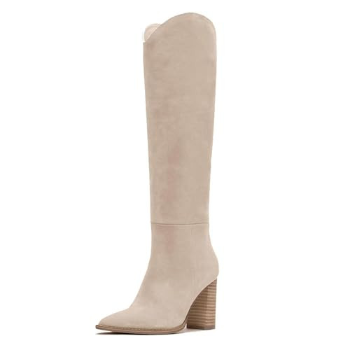 Suede Beige Knee High Boots for Women, Comfortable Chunky High Heel Pointed Toe Wide Calf Leather Tall Boots with Side Zip | Amazon (US)