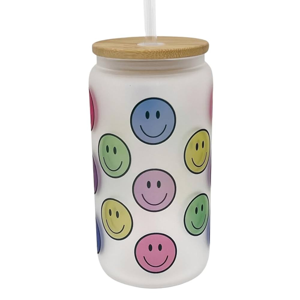16oz Frosted Glass With Bamboo Lid and Plastic Straw - Summer (Smiley Face, 16oz) | Amazon (US)