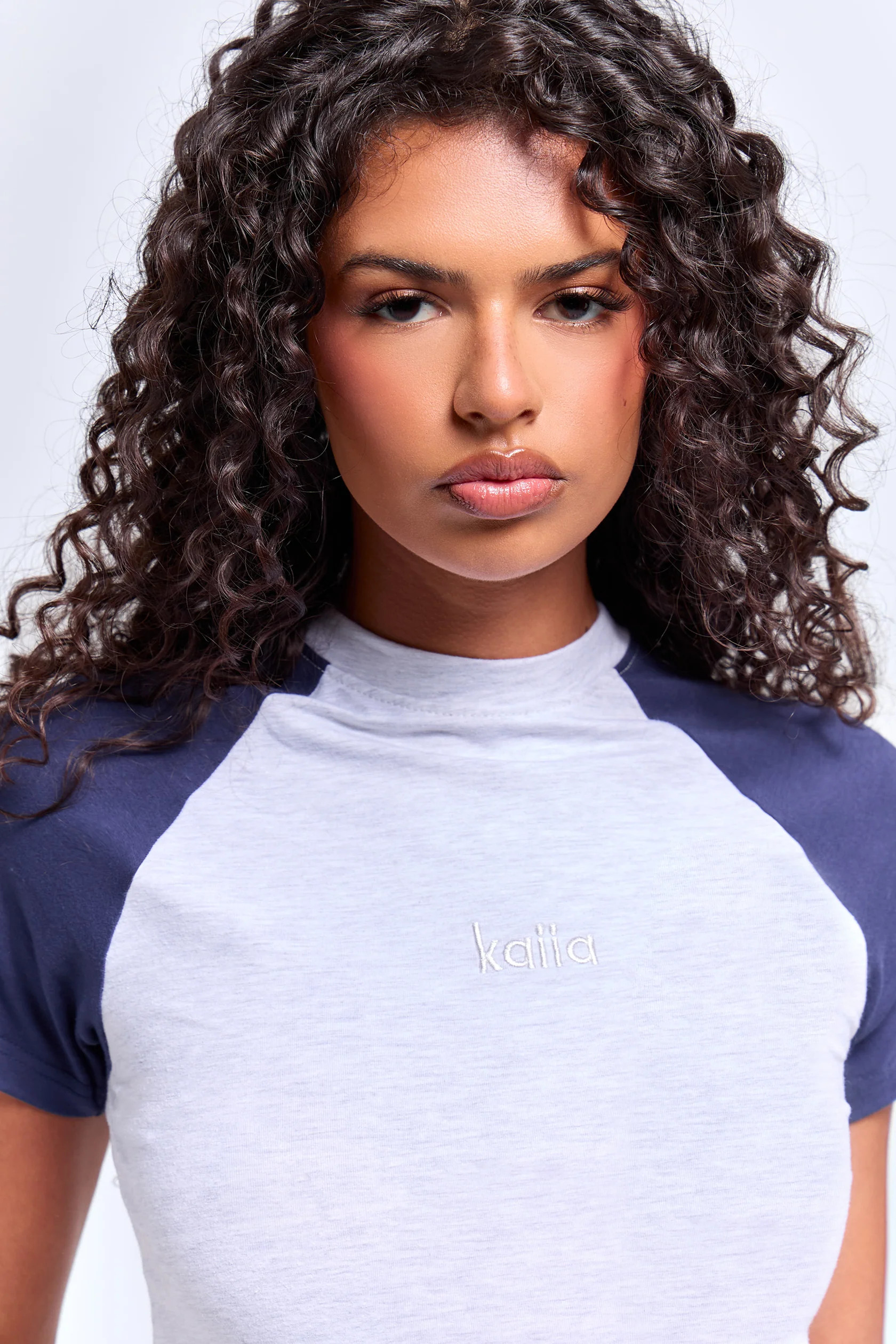 Kaiia Raglan Contrast Baby Tee Light Grey Marl & Navy | Kaiia the Label