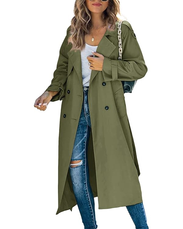 Makkrom Women's Double Breasted Long Trench Coat Windproof Classic Lapel Slim Overcoat with Belt | Amazon (US)