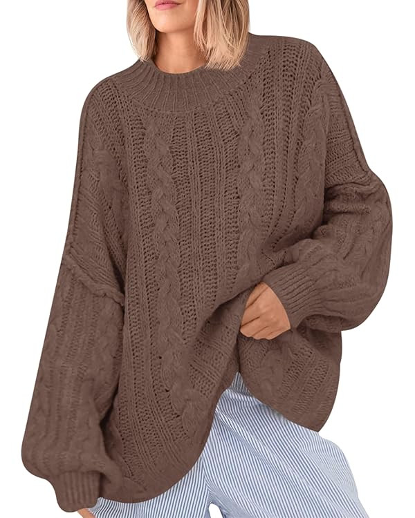 Saodimallsu Womens Oversized Sweaters Chunky Cable Knit Crew Neck Casual Long Lantern Sleeve Fall... | Amazon (US)