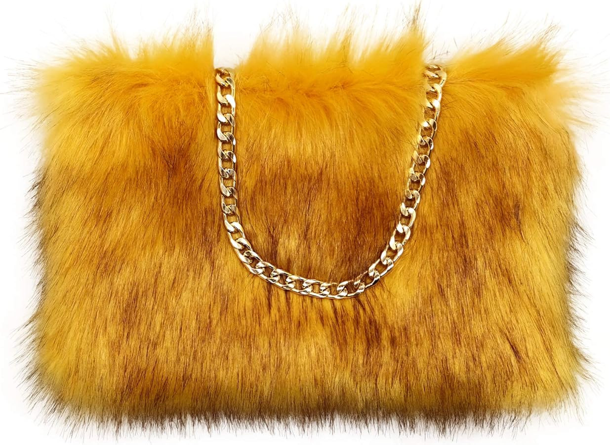 FHQHTH Faux Fox Fur Purse Fuzzy Handbags for Women Evening Handbags Al alloy Shoulder Strap | Amazon (US)