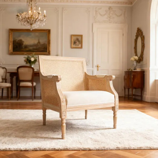 GDFStudio - Classic French Traditional Cotton Linen Upholstered Accent Armchair with Rattan Backr... | Bed Bath & Beyond