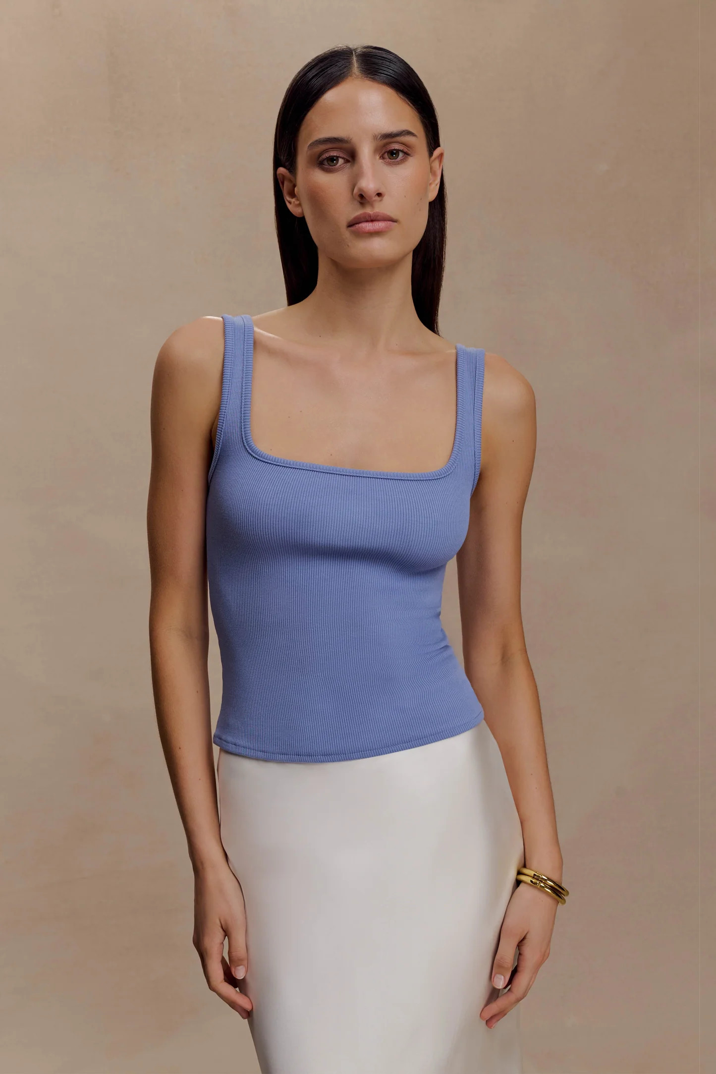 Ribbed Square Neck Sleeveless Top - Cornflower Blue | MESHKI US