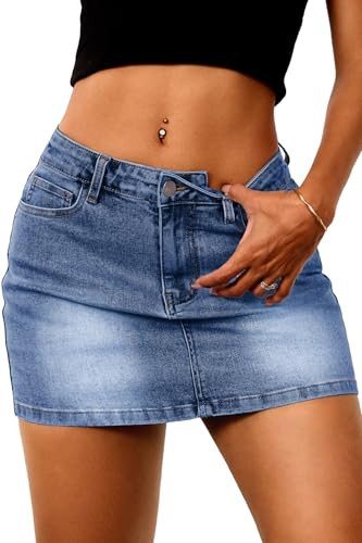 ELLEVEN Mini Jean Skirts for Women Denim Casual Trendy Summer Y2K Cute Sexy Fashion High Stretchy Low Waist Silm Fit Hot Going Out Classic Low Rise Skort Streetwear Dark Blue Denim Medium | Amazon (US)