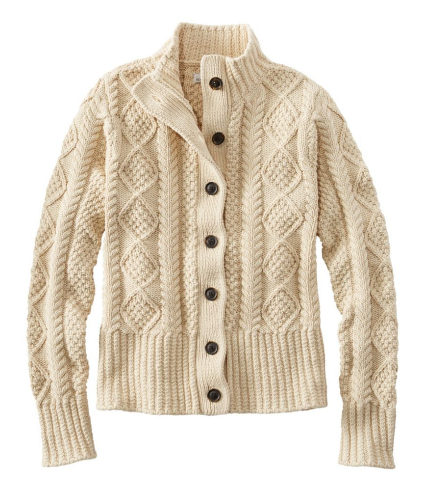 Women's Signature Cotton Fisherman Sweater, Short Cardigan Sweater Beige Large, Cotton/Yarns L.L.Bean | L.L. Bean