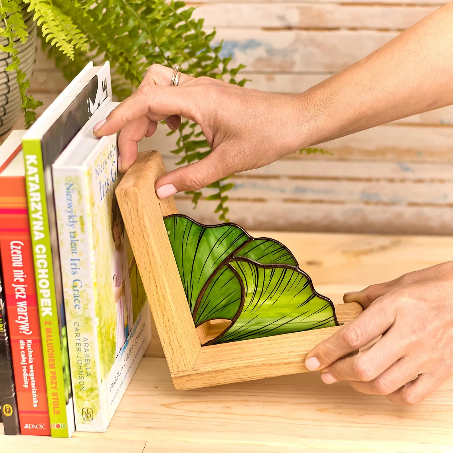 Stained Glass Ginkgo Leaf Bookends With Oak Wood Base – Handmade Green Glass Décor for Shelves... | Etsy (US)