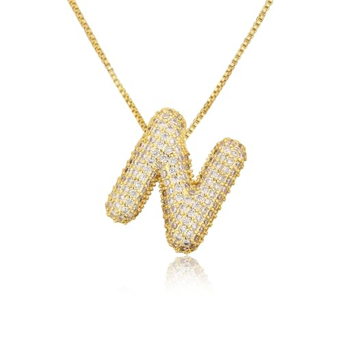 TZPI 18k Bubble Letter Necklace Gold for Women, Rhinestone Bubble Balloon Initial Necklace for Her, Charm Puff Letter Name Pendant Chunky Alphabet necklace (N Necklace) | Amazon (US)