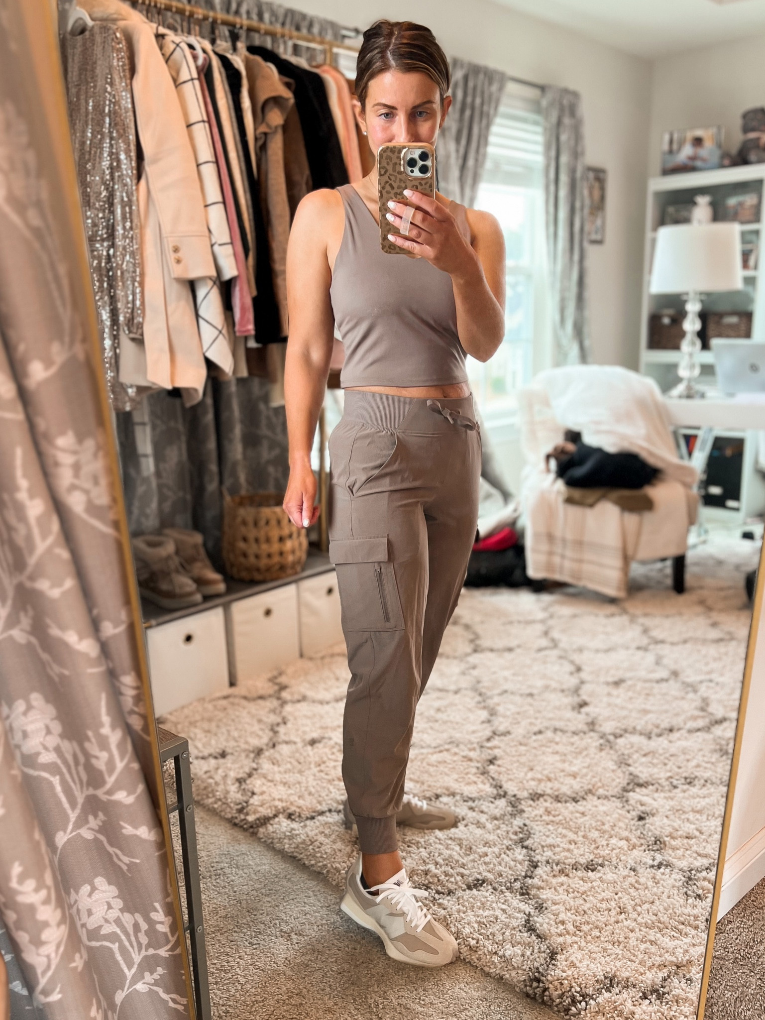 Taupe workout top womens 
Taupe brown womens cargo joggers 
Neutral taupe womens new balance sneakers 