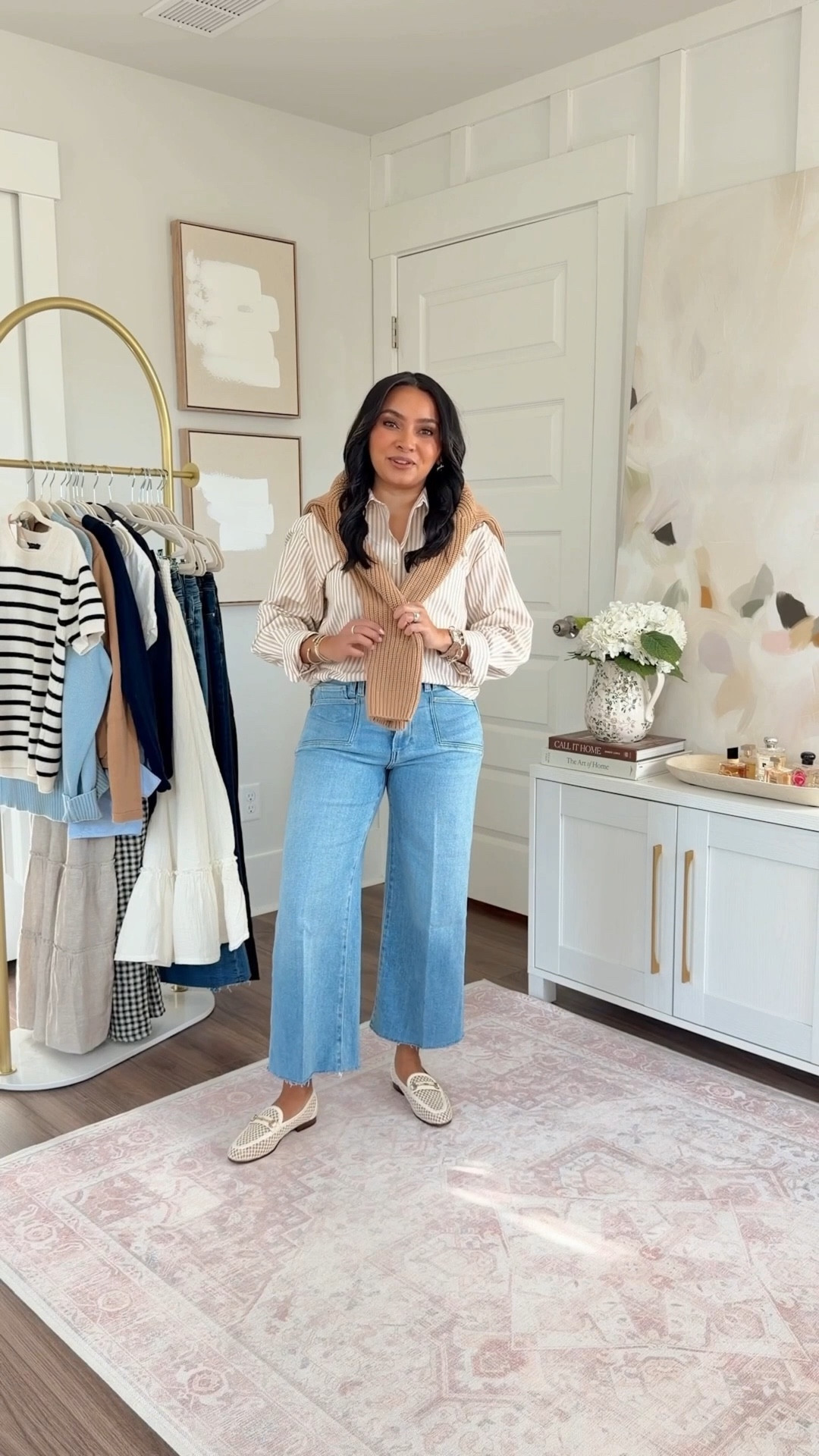 Tan stripe button down size xxs petite TTS
Crop wide leg jeans in color vail size 26 petite TTS
Mesh loafers size 5 TTS - if in between sizes, size up a half size


#LTKPetite #LTKSaleAlert #LTKSpringSale