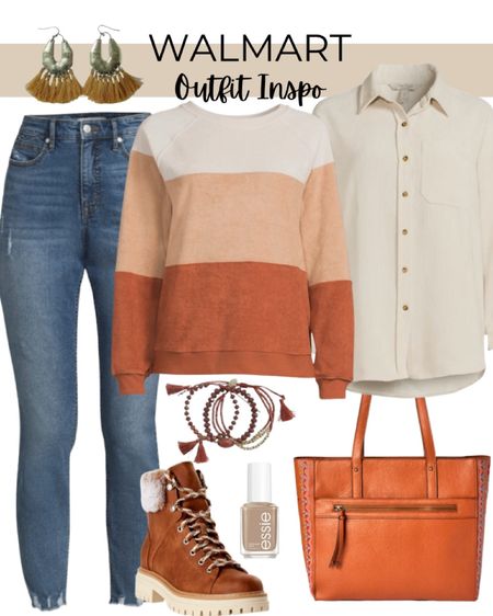 Walmart outfit inspiration includes orange color lock sweatshirt, neutral shacket, Sophia Vergara jeans, hiking style boots, tote purse, fringe earrings, Essie nail polish, and boho bracelets.

Walmart fashion, Walmart finds, affordable fashion, fall fit, winter fit, fall outfit, fall outfit inspo

#LTKunder100 #LTKstyletip #LTKfit
