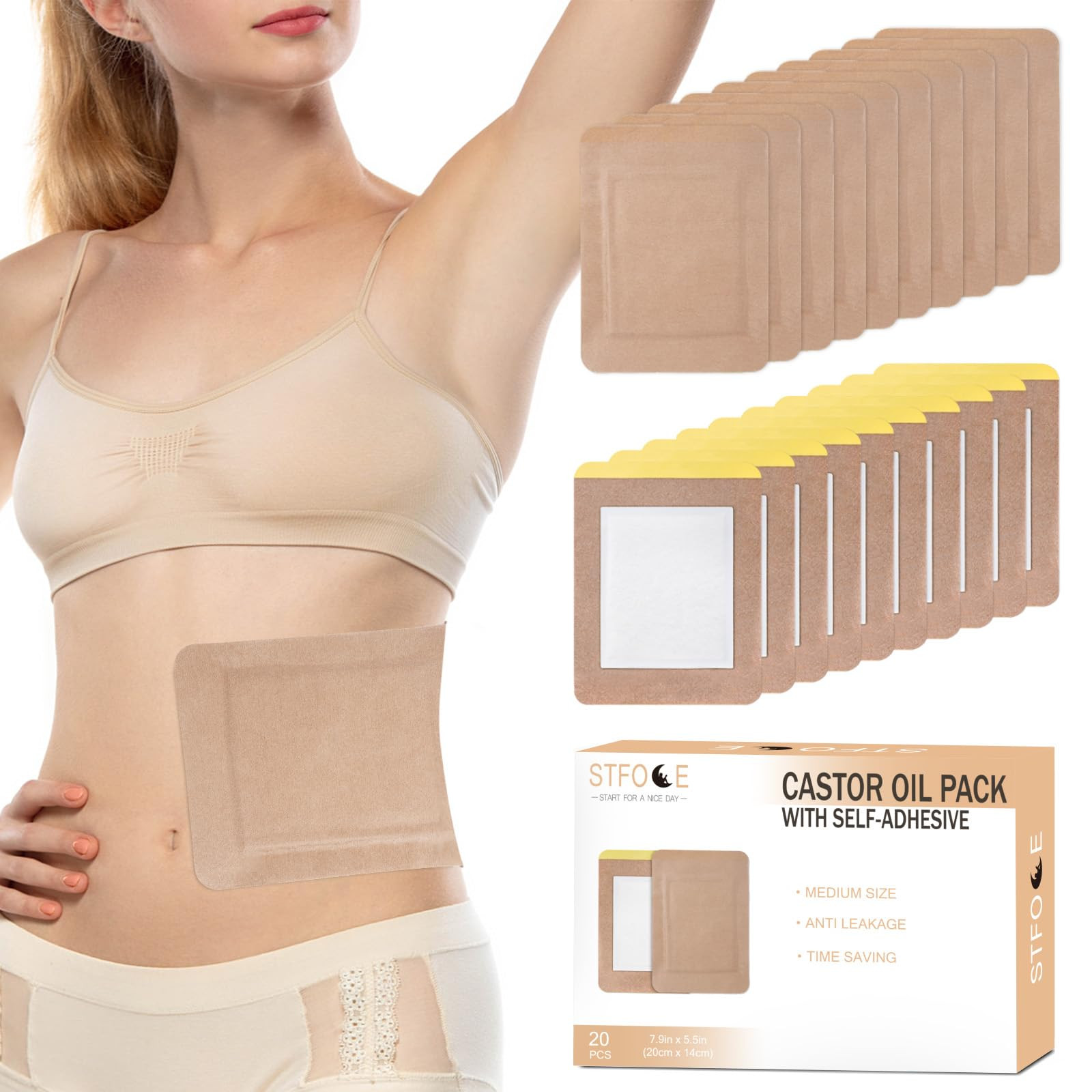 20pcs Castor Oil Pack Wrap, Disposable Castor Oil Pack Self-Adhesive, 7.9"x5.5", No Leakage, No W... | Amazon (US)