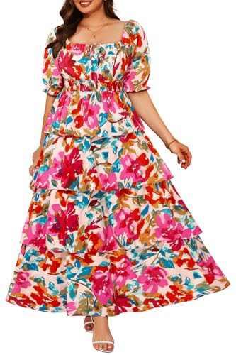 Plus Size Summer Maxi Dress for Women Floral Milkmaid Sun Puff Sleeve Square Neck Ruffle Tiered Long Flowy Dresses | Amazon (US)