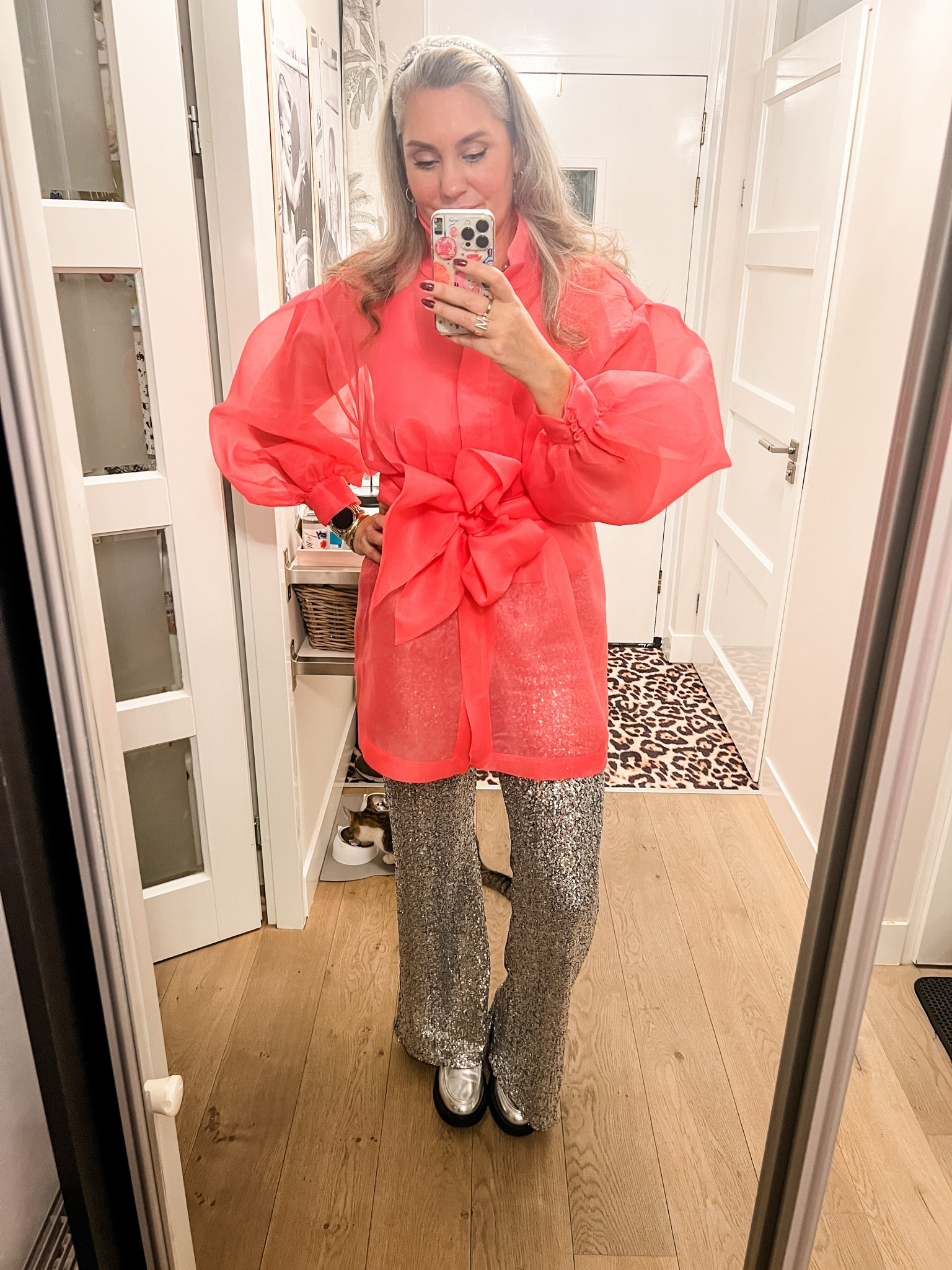 Ootd - New Year’s Eve. A pink transparent tunic (Mart Visser x Norah) over sequin trousers (https://most-wanted-nl.mtpc.se/4899331, L), silver loafers (Zara, ly), sequin headband. 

#LTKnederlands #LTKeurope #LTKpartywear