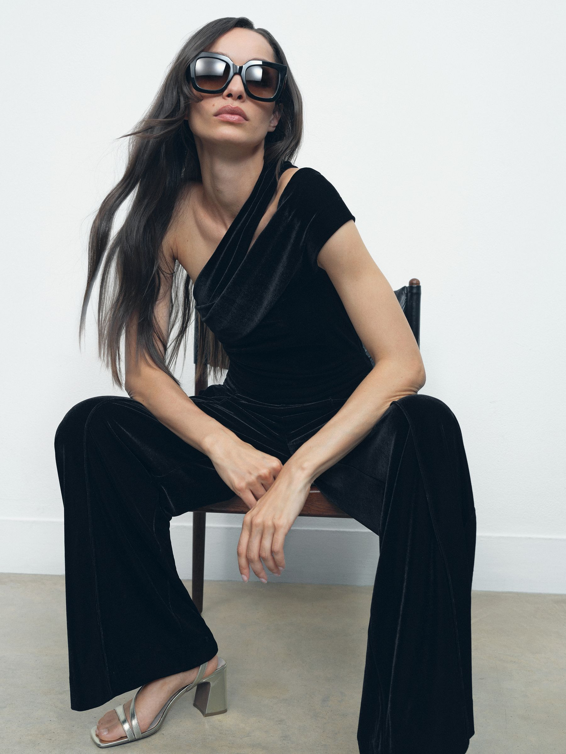 Velvet One-Shoulder Wide-Leg Jumpsuit in Black | Reiss UK