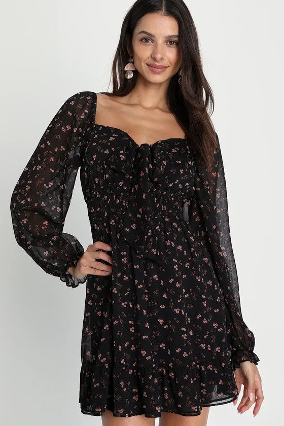 Ultimate Darling Black Floral Dress Black Ruffle Dress Long Sleeve Fall Dress With Sleeves | Lulus (US)