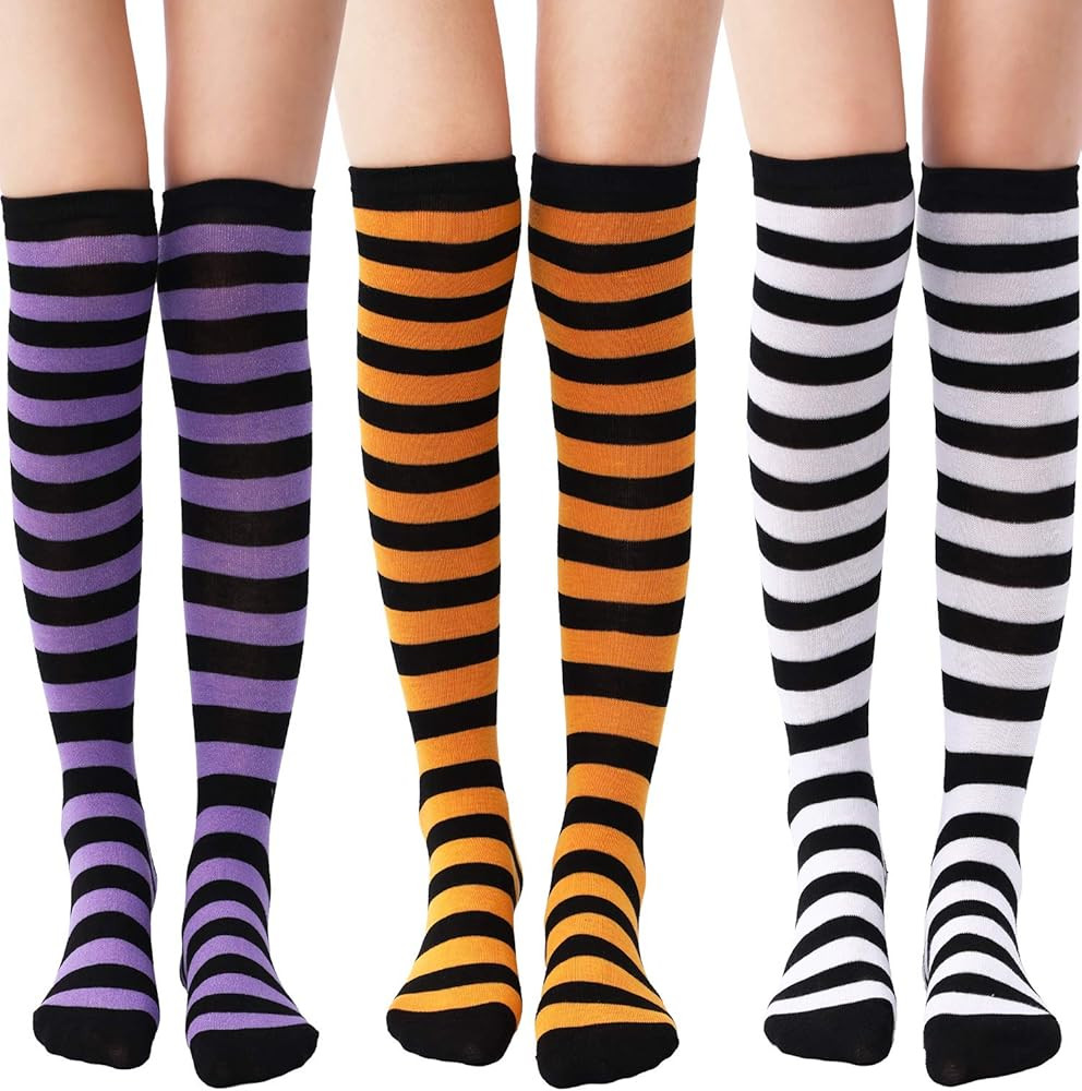 Tatuo 3 Pairs Halloween Long Striped Knee High Socks Witch Socks for Women Girls Halloween Costum... | Amazon (US)