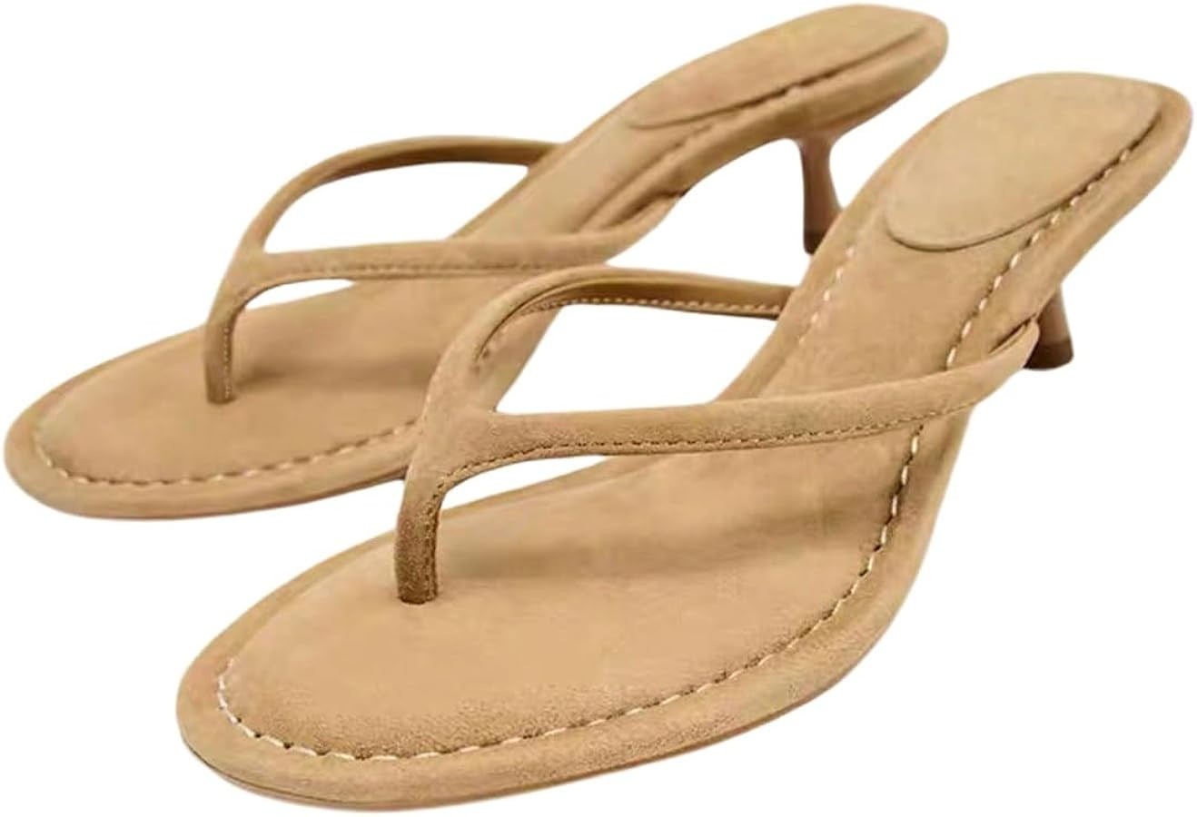 MakeMeChic Women's Suede Kitten Heels Sandals Open Toe Slip On Flip Flop Heeled Sandals | Amazon (US)