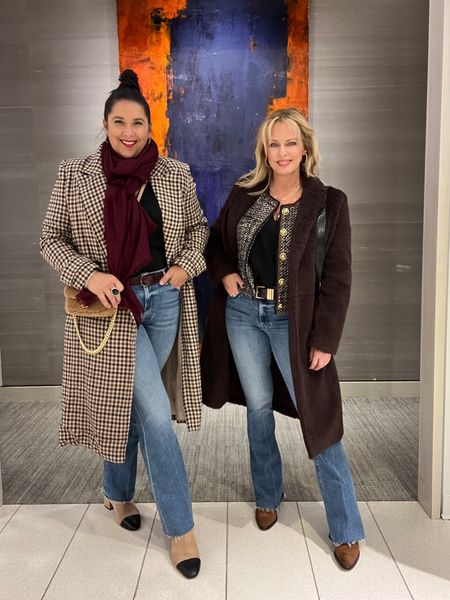 STYLED! My friend (5’8”, size 31, large) and I (5’4”, size 26, small) are styling the same pair of Mother bootcut jeans and Frame muscle tee…fall boots, belts, jackets and coats.

#LTKshoecrush #LTKover40 #LTKSeasonal