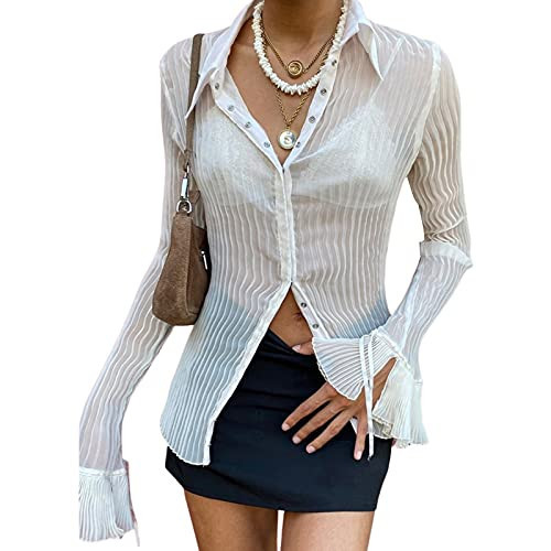 Women’s Sheer Button Up Shirt Y2K Long Sleeve Lapel V Neck Mesh Top Vintage See Through Basic Blouse Streetwear(B-White, S) | Amazon (US)