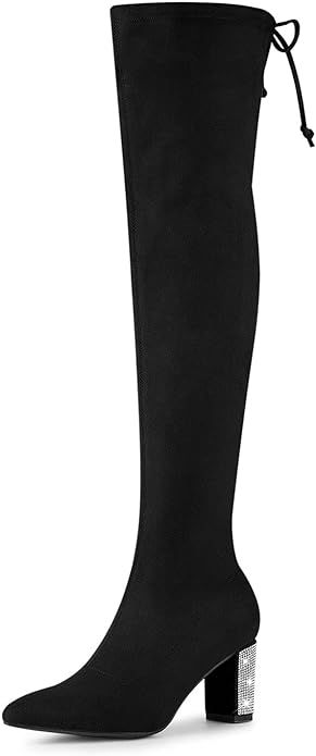 Allegra K Women's Chunky Heels Bling Rhinestone Over the Knee High Boots | Amazon (US)