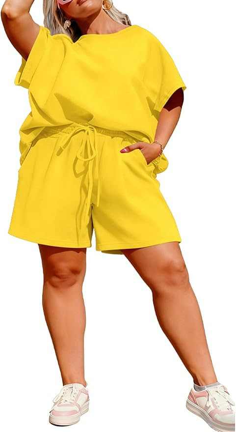 TOPSRANI Plus Size Women 2 Piece Outfits Lounge Loose Short Sleeve Sweatsuits Tracksuit Casual Sh... | Amazon (US)