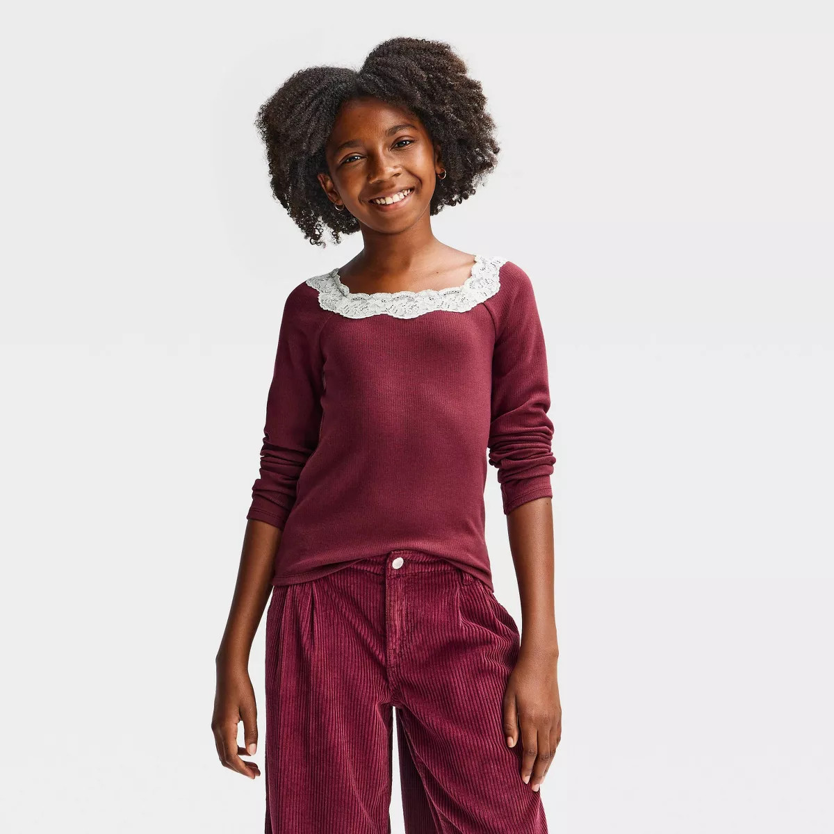 Girls' Lace Trim Square Neck Ribbed Long Sleeve Top - art class™ Off-White M | Target