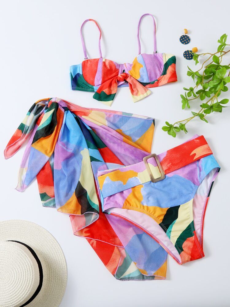 3pack Allover Graphic Belted Push Up Bikini Swimsuit | SHEIN