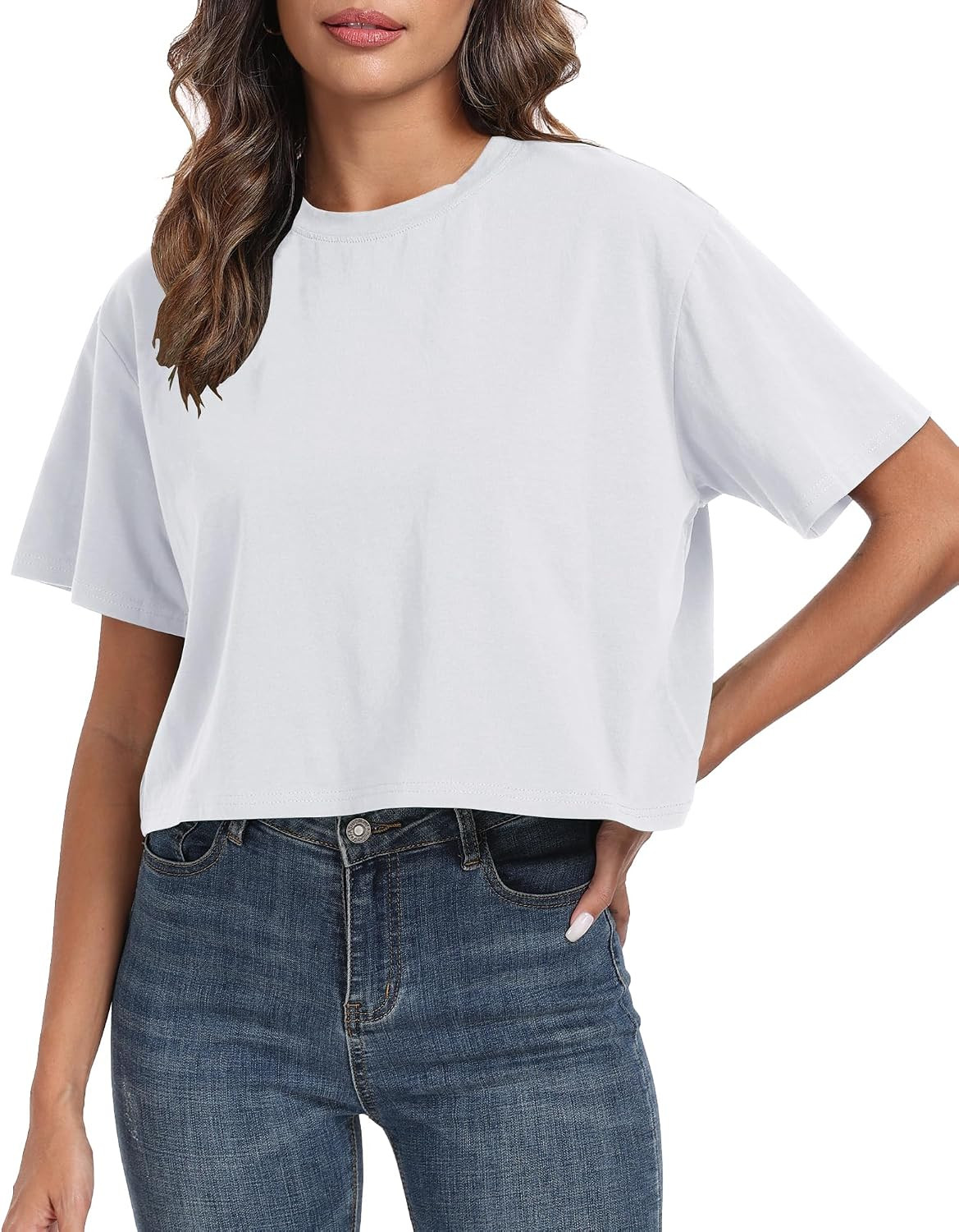 PRIMODA Women's Oversized Workout Cropped T Shirts Crew Neck Short Sleeve Casual Loose Summer Crop Tee Tops Cotton | Amazon (US)