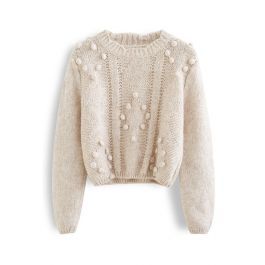 Pom-Pom Diamond Fuzzy Cropped Sweater in Linen | Chicwish