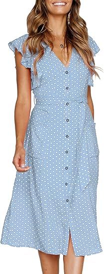 MITILLY Women's Boho Polka Dot Flutter Short Sleeve V Neck Button Down Swing Midi Dress with Pock... | Amazon (US)