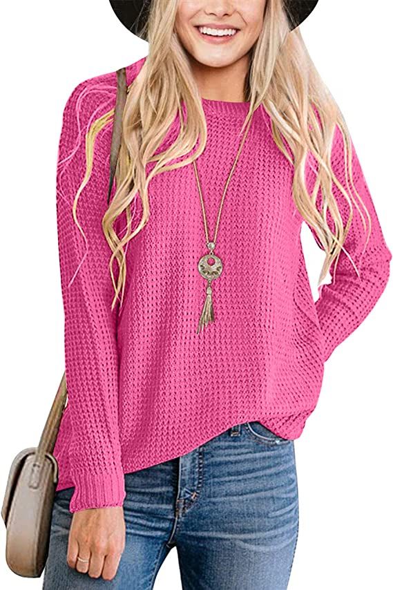 MEROKEETY Women's Long Sleeve Waffle Knit Sweater Crew Neck Solid Color Pullover Jumper Tops | Amazon (US)