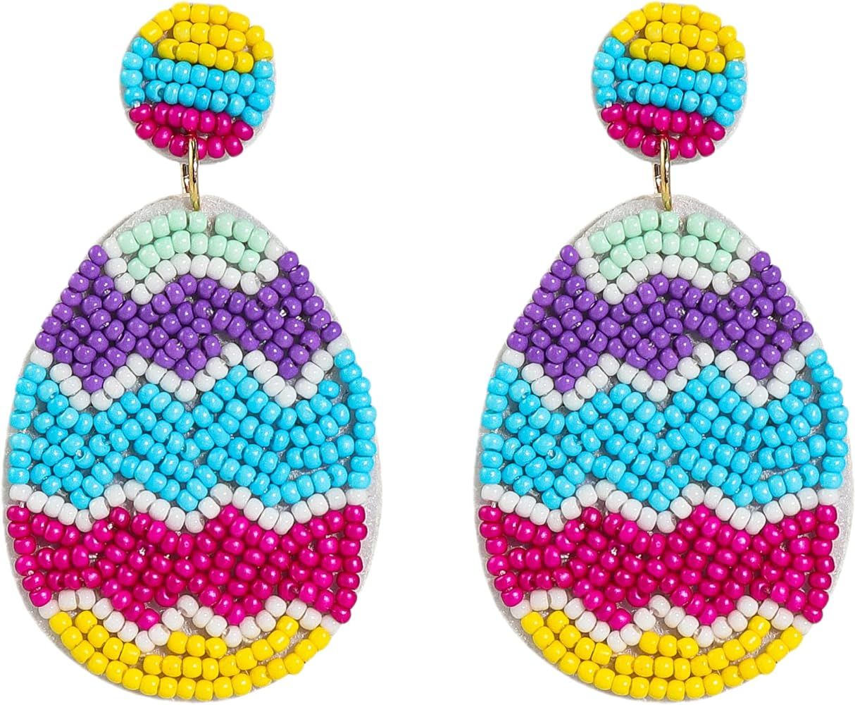 Easter Earrings Beaded Sequins Easter Rabbit Egg Carrot Bunny Earrings Colorful Pom Pom Sparky Fe... | Amazon (US)