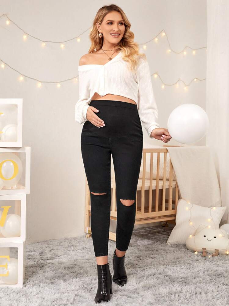 Maternity Wide Waistband Ripped Skinny Jeans | SHEIN