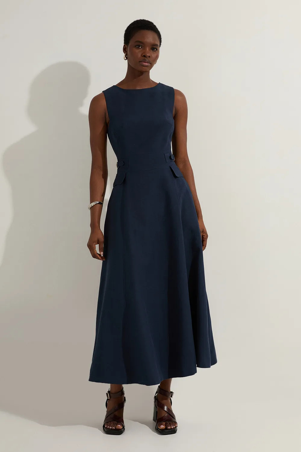 Premium Tailored Linen Buckle Detail Full Skirt Midi Dress | Karen Millen