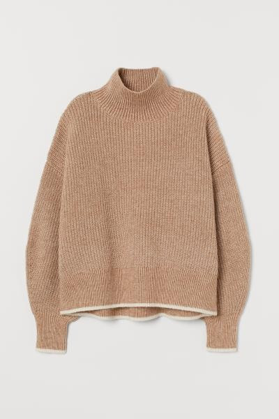 Soft rib-knit sweater with wool content. Mock turtleneck, heavily dropped shoulders, and long bal... | H&M (US + CA)