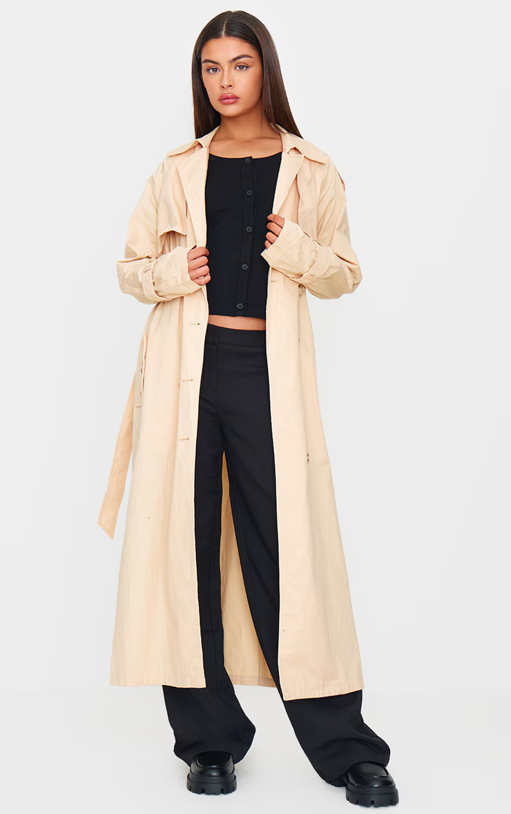 Sand Panel Detail Belted Trench Coat | Outerwear | PrettyLittleThing US